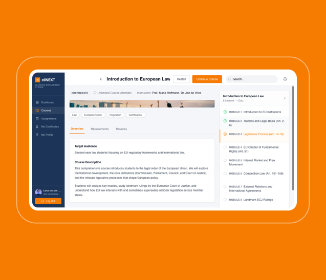 Vue détaillée du cours avec modules et progression de l'apprentissage
